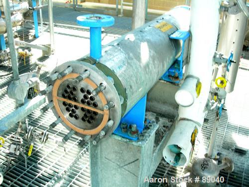 USED: Atlas four pass shell and tube heat exchanger, 17.6 square feet, horizontal. Carbon steel shell rated FV and 150 psi at 400 deg F, (28) 5/8" diameter x 4' long 316L stainless steel tubes rated ...