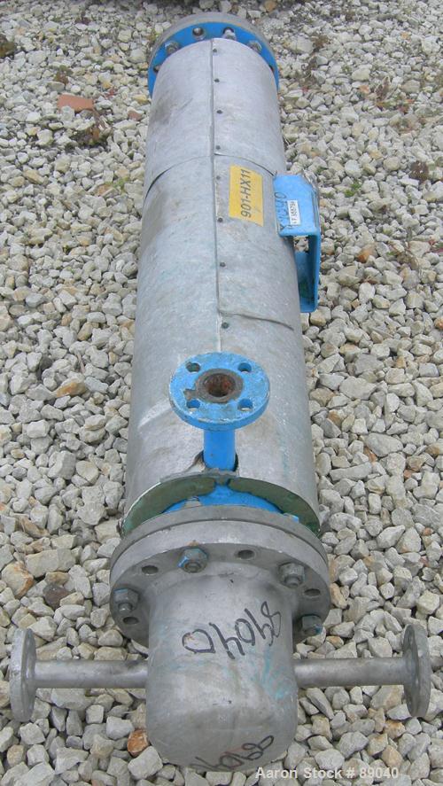 USED: Atlas four pass shell and tube heat exchanger, 17.6 square feet, horizontal. Carbon steel shell rated FV and 150 psi at 400 deg F, (28) 5/8" diameter x 4' long 316L stainless steel tubes rated ...