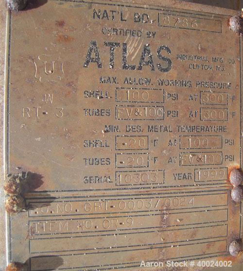 Used Atlas Shell And Tube Heat Exchanger,  411 square feet, vertical. Type BEM22-72. 316L stainless steel shell rated 100 psi at 300 deg.f., (350) 3/4" diameter x 6' long hastelloy C-22 tubes rated F...