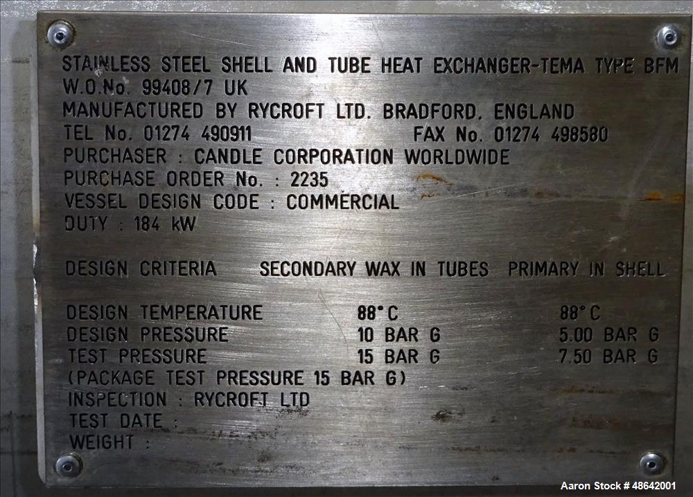 Used Rycroft 8 Pass Shell & Tube Heat Exchanger, Type BFM,  Approximate 400 Squ