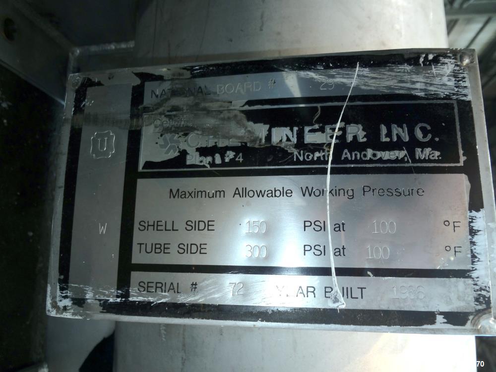 Used Chemineer Shell & Tube Heat Exchanger Static Mixer, Approximate 50 Square Feet, Vertical. 304 Stainless steel shell rated 150 psi at 100 degrees F. (64) 1" Diameter x 32" long 304 stainless stee...