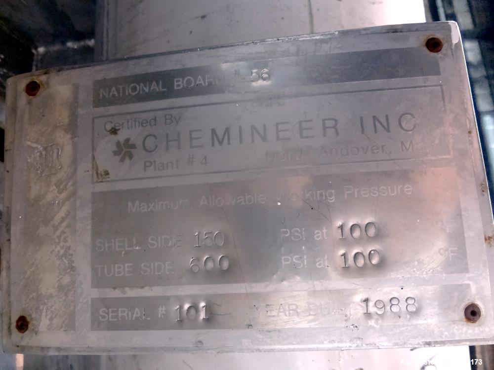 Used Chemineer Shell & Tube Heat Exchanger Static Mixer, Approximate 50 Square Feet, Horizontal. 304 Stainless steel shell rated 150 psi at 100 degrees F. (64) 1" Diameter x 32" long 304 stainless st...