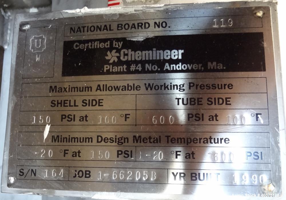 Used Chemineer Shell & Tube Heat Exchanger Static Mixer, Approximate 50 Square Feet, Horizontal. 304 Stainless steel shell rated 150 psi at -20 to 100 degrees F. (64) 1" Diameter x 32" long 304 stain...