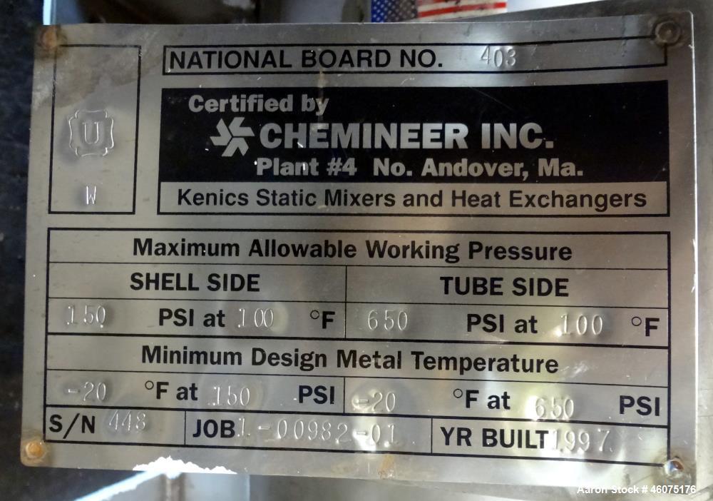 Used Chemineer Shell & Tube Heat Exchanger Static Mixer, Approximate 50 Square Feet, Type 12-32 BEM, Horizontal / Vertical. 304 Stainless steel shell rated 150 psi at -20 to 100 degrees F. (64) 1" Di...