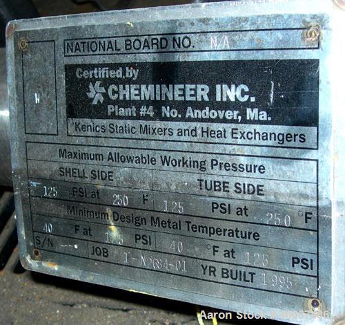 Used Chemineer/ Kenics High Efficiency Shell and Tube Heat Exchanger, 22 square feet, horizontal, model 4-78 BEM, KMR style. 304 stainless steel rated 125 psi at 250 deg F. (26) 1/2" diameter x 78" l...