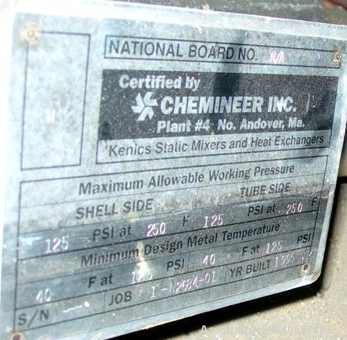 Used Chemineer/ Kenics High Efficiency Shell and Tube Heat Exchanger, 22 square feet, horizontal, model 4-78 BEM, KMR style. 304 stainless steel rated 125 psi at 250 deg F. (26) 1/2" diameter x 78" l...