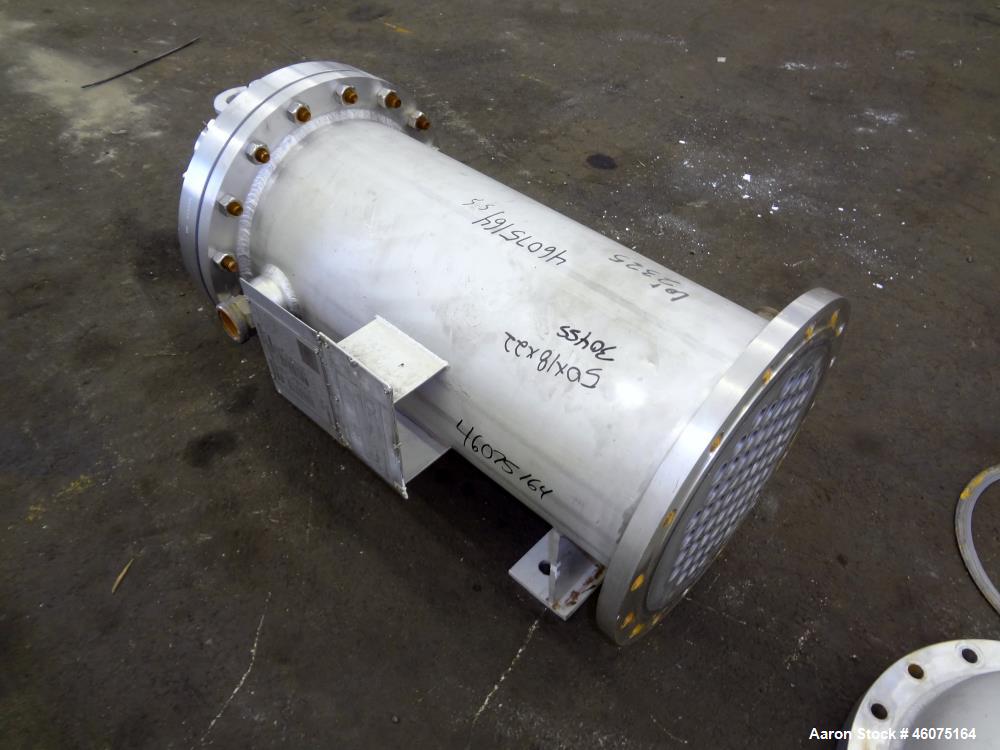 Used Chemineer Shell & Tube Heat Exchanger, 35 Square Feet, Horizontal. 304 Stainless steel shell rated 150 psi at -20 to 100 degrees F. (64) 1" Diameter x 24" long 304 stainless steel tubes rated 30...