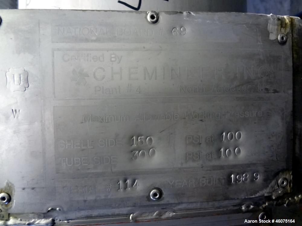 Used Chemineer Shell & Tube Heat Exchanger, 35 Square Feet, Horizontal. 304 Stainless steel shell rated 150 psi at -20 to 100 degrees F. (64) 1" Diameter x 24" long 304 stainless steel tubes rated 30...
