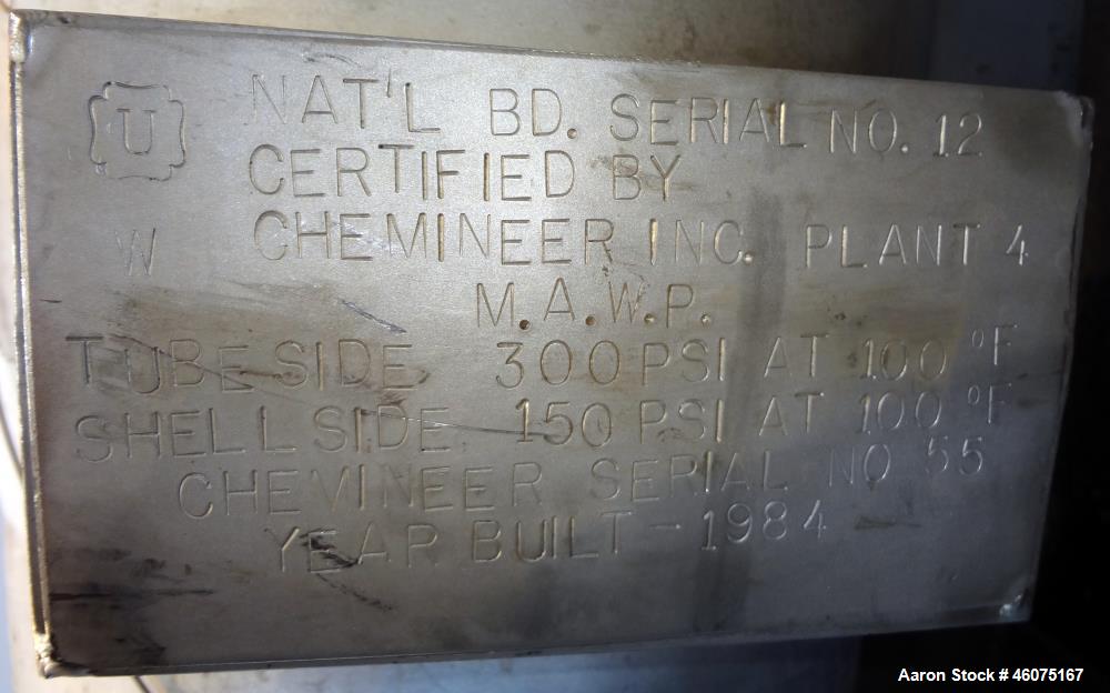 Used Chemineer Shell & Tube Heat Exchanger Static Mixer, Approximate 50 Square Feet, Horizontal. Stainless steel shell rated 150 psi at 100 degrees F, stainless steel tubes rated 300 psi 100 degrees ...