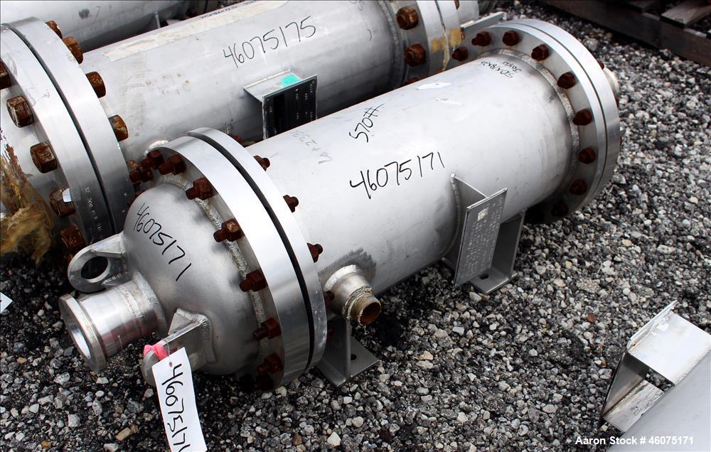 Used Chemineer Shell & Tube Heat Exchanger, 38 Square Feet, Horizontal. 304 Stainless steel shell rated 150 psi at 100 degrees F. (64) 1" Diameter x 28" long 304 stainless steel tubes rated 300 psi 1...