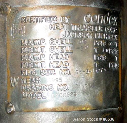 Used: Condex condenser deaerator, model SSCP628, stainless steel. 6" diameter x 27 1/2" long shell rated 400 psi at 400 deg F. Openings 4 3/4", (2) 2 1/4". Horizontal mount. Built 1994.