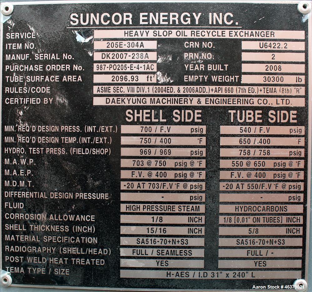 Unused- Daekyung Shell and Tube Heat Exchanger, 2097 Square Feet, Carbon Steel,