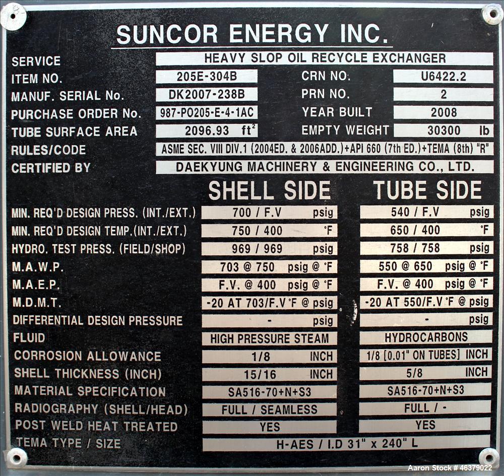 Unused- Daekyung Shell and Tube Heat Exchanger, 2097 Square Feet, Carbon Steel,