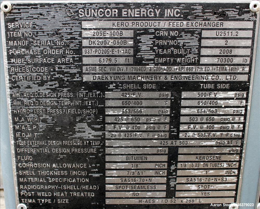 Unused 8-Pass Shell & Tube Heat Exchanger – 6,179 Sq Ft, Carbon Steel Shell, TP405 Stainless Steel Tubes