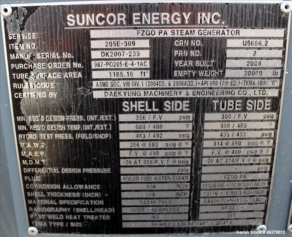 Unused- Daekyung Shell and Tube Heat Exchanger, 1,185 Square Feet, Horizontal.