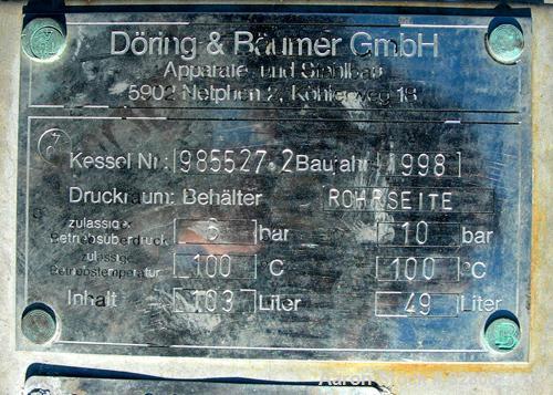 Used Doring & Baumer Six Pass Shell and Tube Heat Exchanger, 157 square feet, horizontal. 304 stainless steel shell rated 6 bar (87 psi) at 100 deg C (212 deg F). (200) 1/2" diameter x 6' long 304 st...
