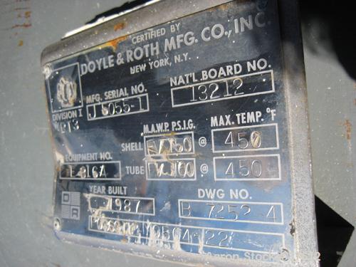 USED: Doyle and Roth single pass shell and tube heat exchanger, 1410 square feet, model VT3681-8V, size BEM 35-96M, vertical. Carbon steel shell rated FV and 150 psi at 450 deg F. Approximately (673)...