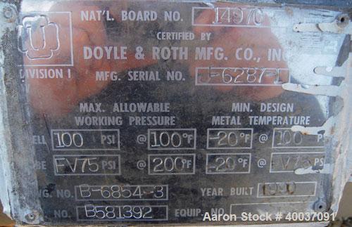 Used Doyle and Roth Shell and Tube Heat Exchanger, 98 square feet, vertical. Carbon steel shell rated 100 psi at 100 deg F, (126) 3/4" diameter x 4' long 316 stainless steel tubes rated fv/75 psi at ...