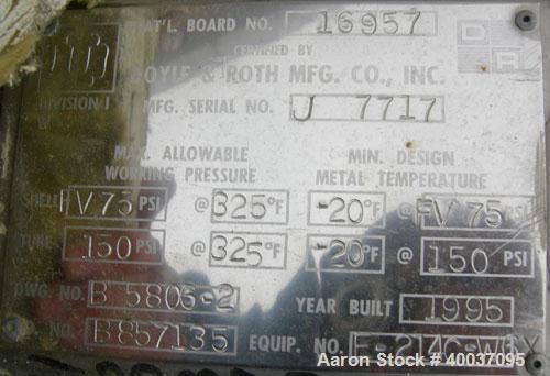 Used Doyle And Roth U Tube Heat Exchanger, approximately 10 square feet, vertical. 316L stainless steel shell rated FV/75 psi at 325 deg.f., (20) 3/4" diameter x 30" long tubes rated 150 psi at 325 d...