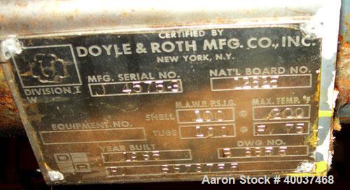 Used Doyle and Roth Shell and Tube Heat Exchanger, 99 square feet, vertical. Carbon steel shell rated 100 psi at 100 deg F, (254) 1/2" diameter x 3' long 316 stainless steel tubes rated fv/75 psi at ...