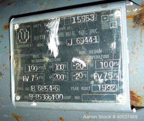 Used: Doyle and  Roth shell and tube heat exchanger, 98 square feet, vertical. Carbon steel shell rated 100 psi at 100 deg.f., (126) 3/4" diameter x 4' long 316 stainless steel tubes rated fv/75 psi ...