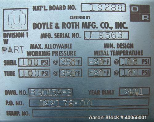 Unused:  Doyle and Roth Shell and Tube Heat Exchanger, 66  Square Feet, Horizontal.  Carbon steel shell  rated 100 psi @ 350 degrees F.  (85) 3/4" diameter x 48" long Alloy 20Cb3 stainless steel tube...