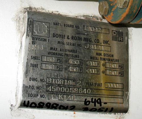 Used Doyle and Roth Shell and Tube Heat Exchanger, 247 square feet, horizontal. Hastelloy C276 tubes, tube sheets, heads and bonnets with (126) 3/4" diameter x 10' long tubes rated 150 psi at 450 F, ...
