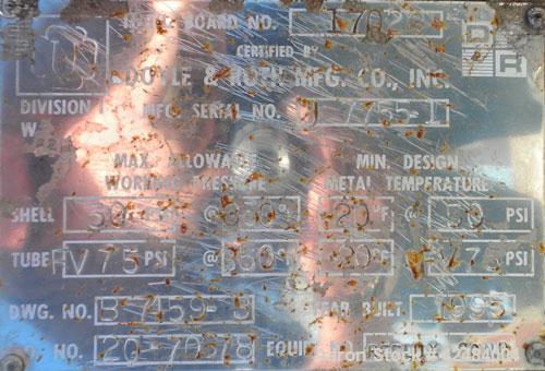 Used Doyle and Roth Single Pass Shell and Tube Heat Exchanger, 969 square feet, horizontal. 316L Stainless steel shell with expansion ring rated 50 psi at –20 to 350 degrees F. (247) 1-1/4" Diameter ...