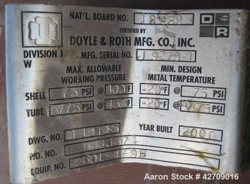 Used Doyle & Roth Shell And Tube Heat Exchanger, 342 Square Feet, Vertical. Carbon steel shell rated 75 psi at –20/400 deg.f., (187) 1'' Diameter x 7' long 317L stainless steel tubes rated FV/75 psi ...