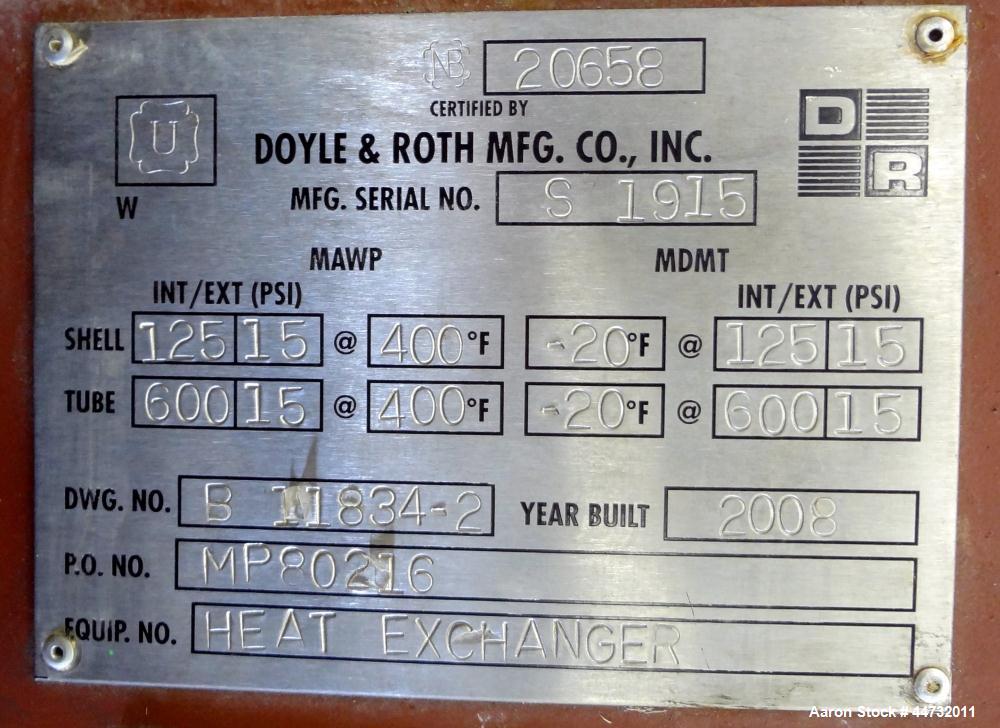 Used Doyle and Roth Single Pass Shell & Tube Heat Exchanger, 48 Square Feet, Vertical. Carbon steel shell rated 125 psi/Full Vacuum at -20 to 400 degrees F. (55) 3/4” Diameter x 54” long 316L stainle...