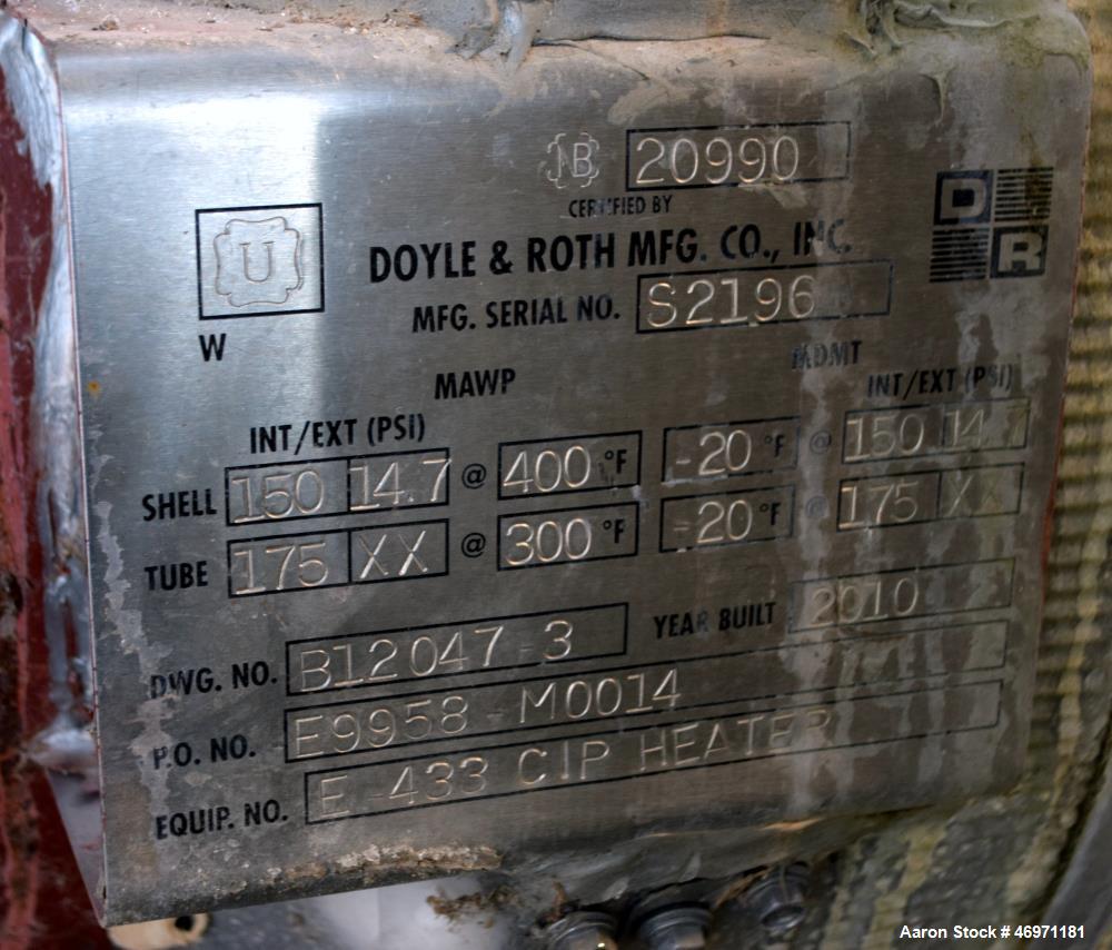 Used Doyle & Roth Shell & Tube Heat Exchanger, Approximate 169 Square Feet, Horizontal. Carbon steel shell rated 150 psi at -20 to 400 degrees F, (81) 1" diameter x 8' long 2205 duplex stainless stee...