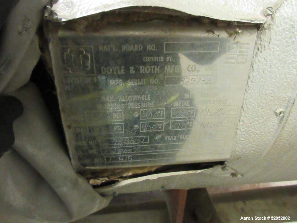 Used Doyle & Roth Shell & Tube Heat Exchanger, Horizontal. Approximate 158.7 Square Feet. Carbon steel shell rated 150 psi/FV at -20 to 400 degrees F. (202) 304 Stainless steel 3/4" diameter x 4' lon...