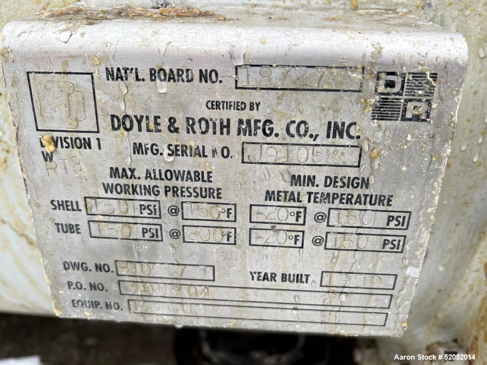 Used Doyle & Roth Shell & Tube Heat Exchanger, Horizontal. Approximate 1,115 Square Feet. Carbon steel shell rated 150 psi at -20 to 150 degrees F. (568) 304 Stainless steel 3/4" diameter x 10' long ...