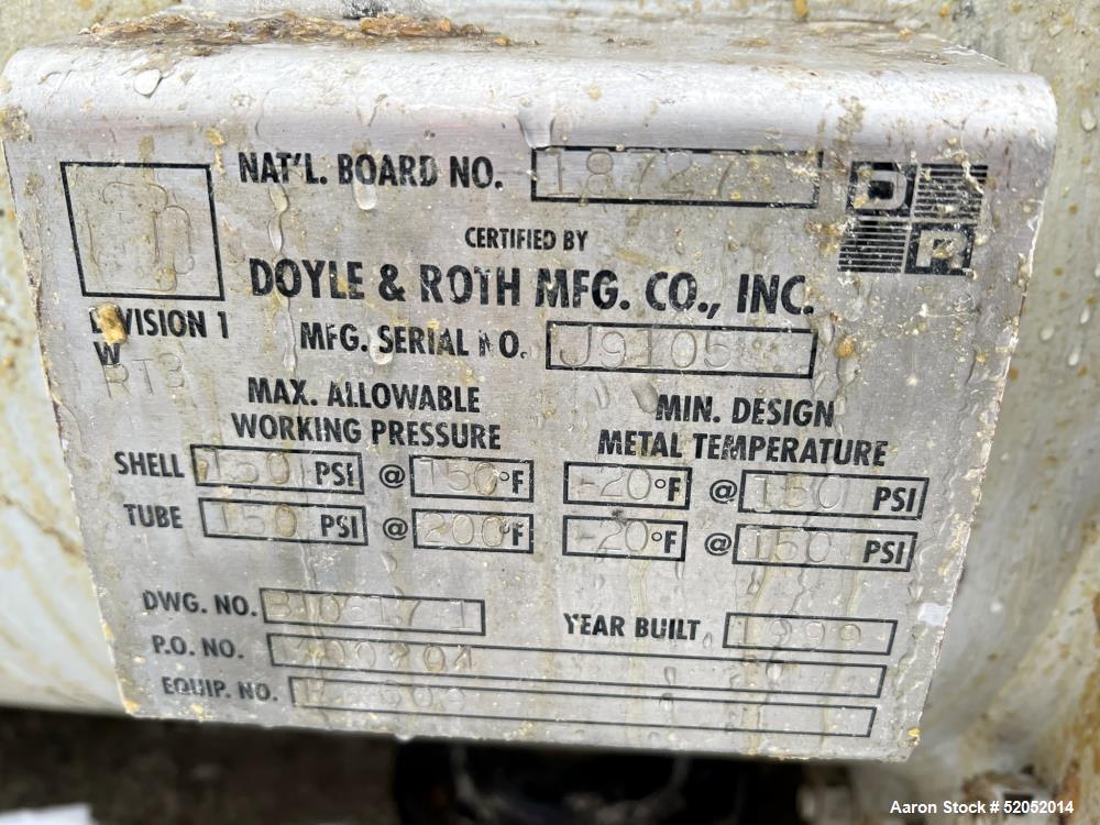 Used- Doyle & Roth Shell & Tube Heat Exchanger, Horizontal. Approximate 1,115 Square Feet. Carbon steel shell rated 150 psi ...