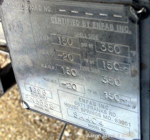 USED:Enfab 4 pass shell and tube heat exchanger, 12 sq ft, modelSA4C4, 316 stainless steel, horizontal. 316 stainless steel shellrated 150 psi at 350 deg F. Stainless steel head. (14) 3/4" diameterx ...