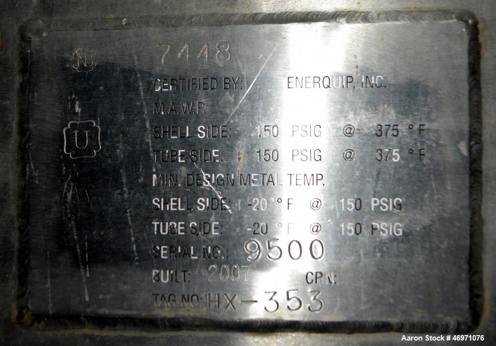 Used Enerquip Single Shell & Tube Heat Exchanger, 573 Square Feet, Model BEMV, 304L Stainless Steel, Vertical. 304L Stainless steel shell rated 150 psi at -20 to 375 degrees F. (394) 3/8" diameter x ...