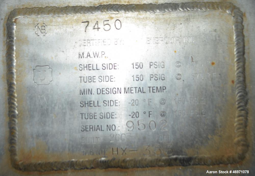 Used Enerquip Single Shell & Tube Heat Exchanger, 573 Square Feet, Model BEMV, 304L Stainless Steel, Vertical. 304L Stainless steel shell rated 150 psi at -20 to 375 degrees F. (394) 3/8" diameter x ...