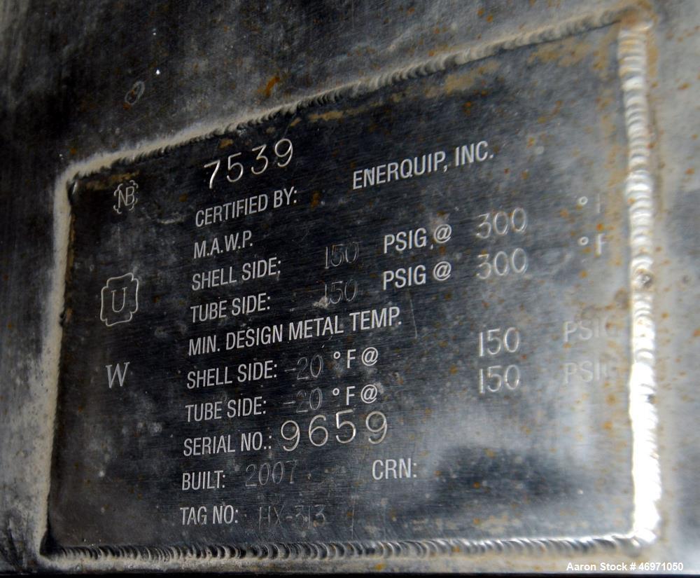 Used Enerquip U Tube Shell & Tube Heat Exchanger, Approximately 500 Square Feet, Model BEUB, Stainless Steel, Horizontal. 304L Stainless steel shell rated 150 psi at -20 to 300 degrees F. (218) 1/2" ...