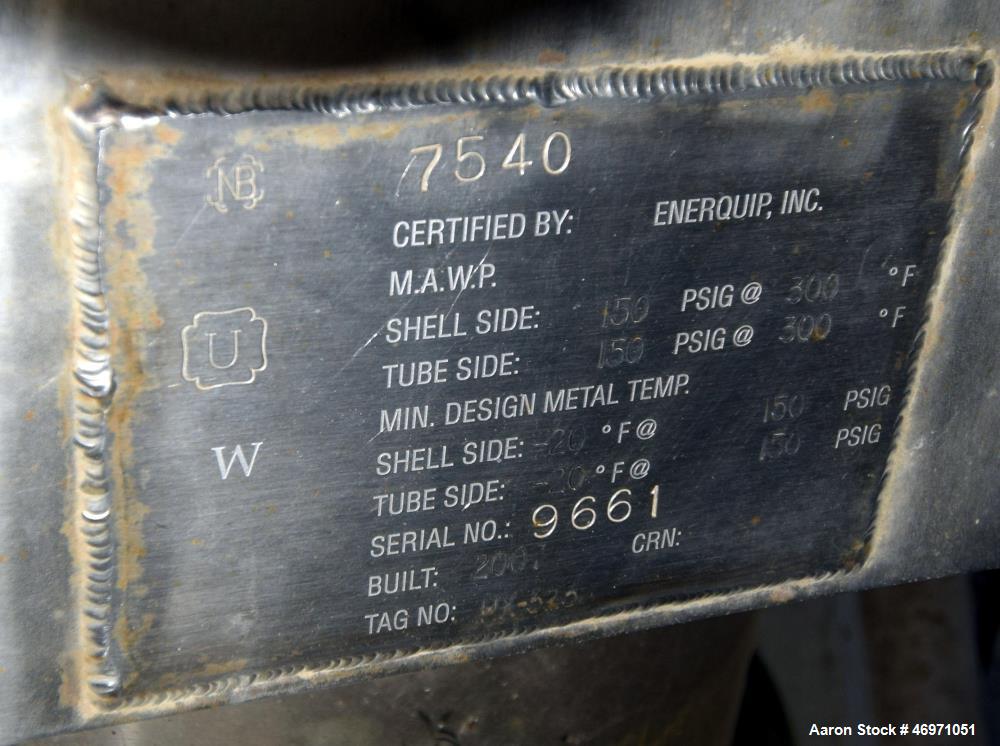Used Enerquip U Tube Shell & Tube Heat Exchanger, Approximately 800 Square Feet, Model BEUH, Stainless Steel, Horizontal. 304L Stainless steel shell rated 150 psi at -20 to 300 degrees F. (354) 1/2" ...