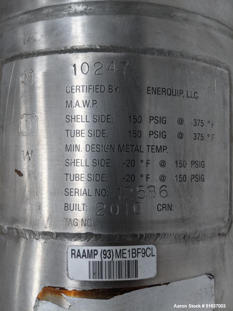 Used Enerquip Shell & Tube Heat Exchanger, 304L Stainless Steel, Vertical. Approximate 136 square feet. 304L Stainless steel shell rated 150 psi at -20 to 375 degrees F. (130) 304L Stainless steel st...