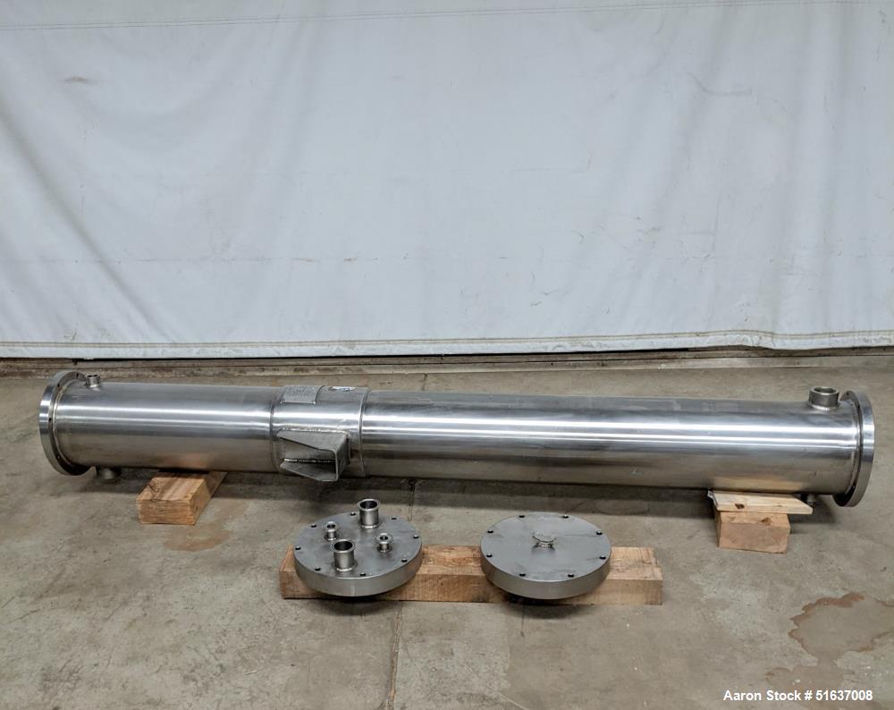 Used Enerquip Shell & Tube Heat Exchanger, Stainless Steel, Vertical. Approximate 109 square feet. 304L Stainless steel shell rated 150 psi at -20 to 375 degrees F. (104) 316L Stainless steel straigh...
