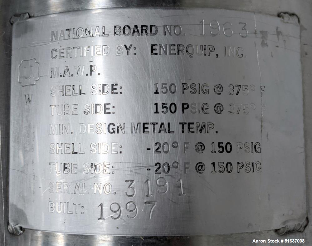 Used Enerquip Shell & Tube Heat Exchanger, Stainless Steel, Vertical. Approximate 109 square feet. 304L Stainless steel shell rated 150 psi at -20 to 375 degrees F. (104) 316L Stainless steel straigh...