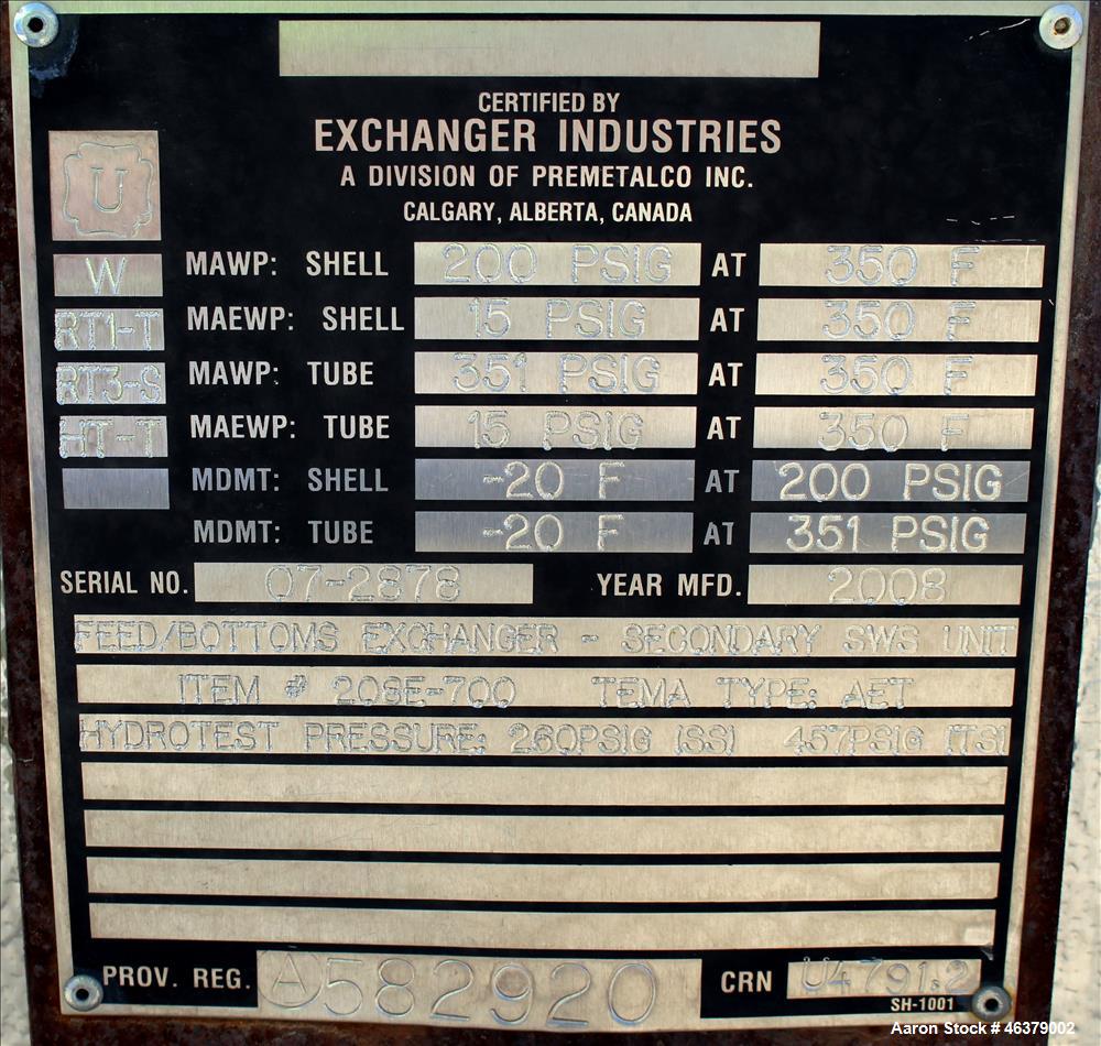 Unused- Exchanger Industries Shell and Tube Heat Exchanger, 2,083 square foot, H