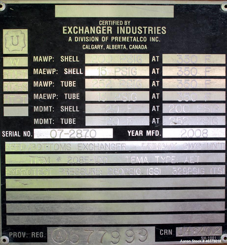 Unused- Exchanger Industries Shell and Tube Heat Exchanger, 2,083 square foot, H