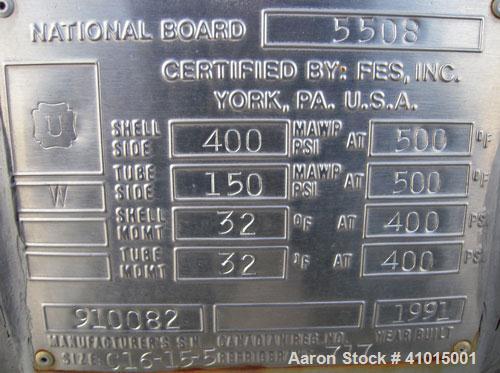Used FES Horizontal Heat Exchanger. Approximately 250 square feet. Carbon steel shell rated 400 psi @ 500 deg F. (95) 316 stainless steel tubes 5/8'' diameter x 14'6'' long, rated 150 psi at 500 deg ...