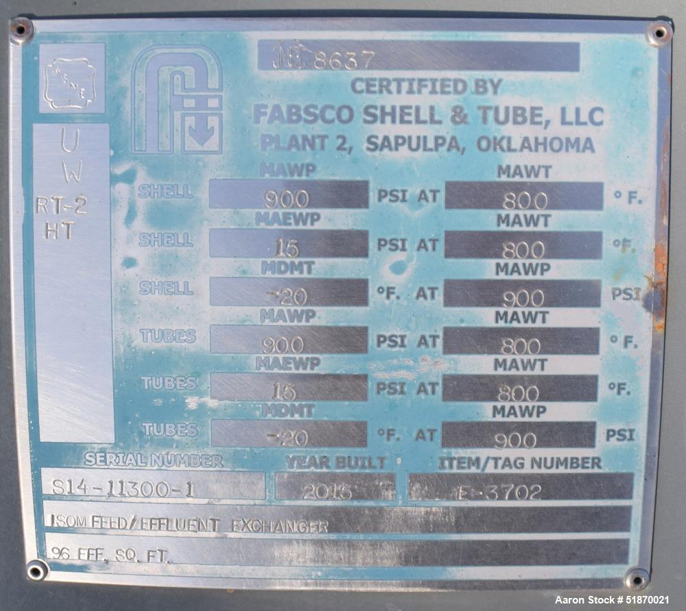 Unused- Fabsco U Tube Shell & Tube Heat Exchanger, 95.4 Square Feet, Type BEU, Size 10-144, Horizontal. Carbon steel sheel rated 900 psi at -20 to 800 degrees F. (20) 3/4" Diameter x 12' long 316L st...