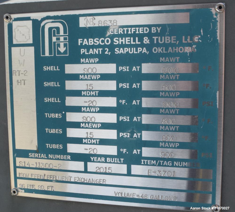 Unused- Fabsco U Tube Shell & Tube Heat Exchanger, 95.4 Square Feet, Type BEU, Size 10-144, Horizontal. Carbon steel sheel rated 900 psi at -20 to 800 degrees F. (20) 3/4" Diameter x 12' long 316L st...