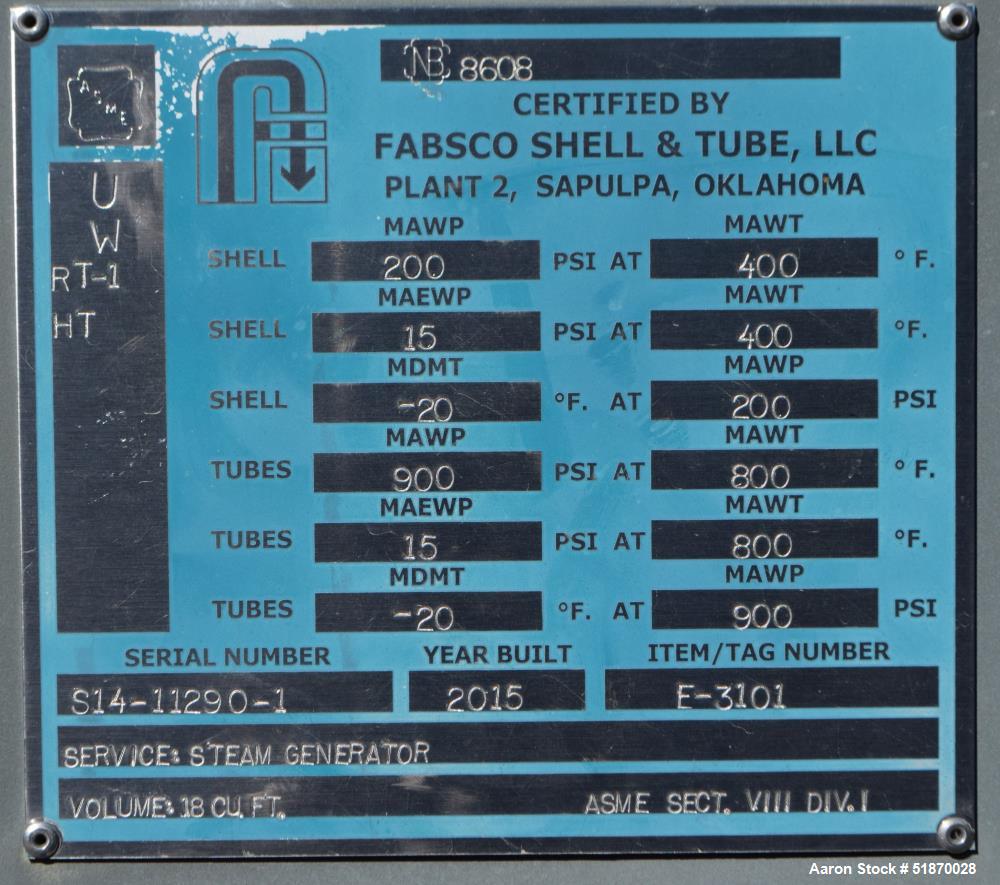 Unused- Fabsco Steam Generator / Reboiler, U Tube Shell & Tube Heat Exchanger, 659.2 Square Feet, Type BKU, Size 17/35-240, Horizontal. Carbon steel sheel rated 200 psi at -20 to 400 degrees F. (83) ...