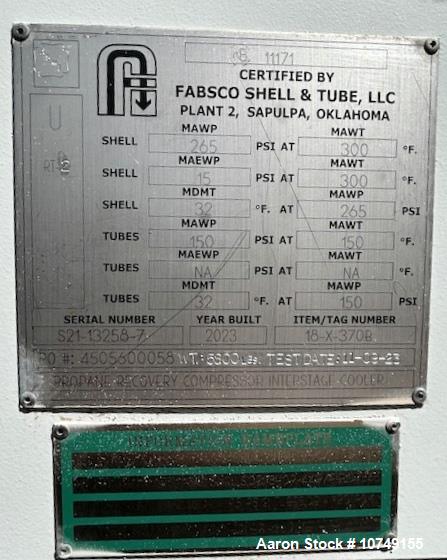 Used Fabsco 284 Square Foot Horizontal Shell and Tube Heat Exchanger. Duplex 2205 stainless steel tubes rated 150 psi at 32 to 150 degrees F, 14' Tube length, 3/4'' tube diameter. 21'' Shell diameter...