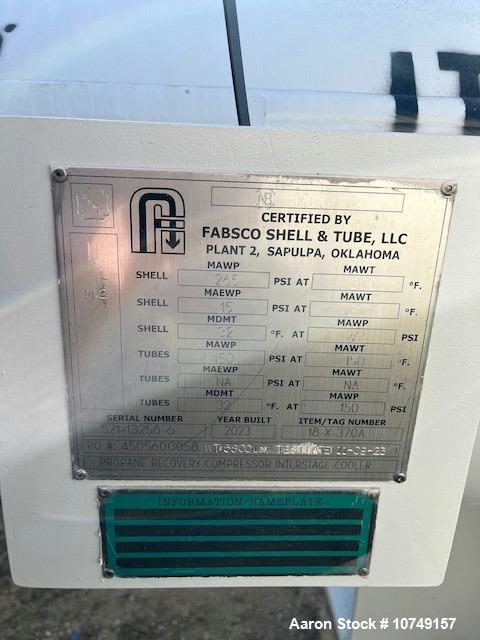 Used Fabsco Horizontal 284 sq. ft. Shell and Tube Heat Exchanger. Duplex 2205 stainless steel tubes rated 150 psi at 32 to 150 degrees F, 14' Tube length. Carbon steel head. Carbon Steel shell rated ...